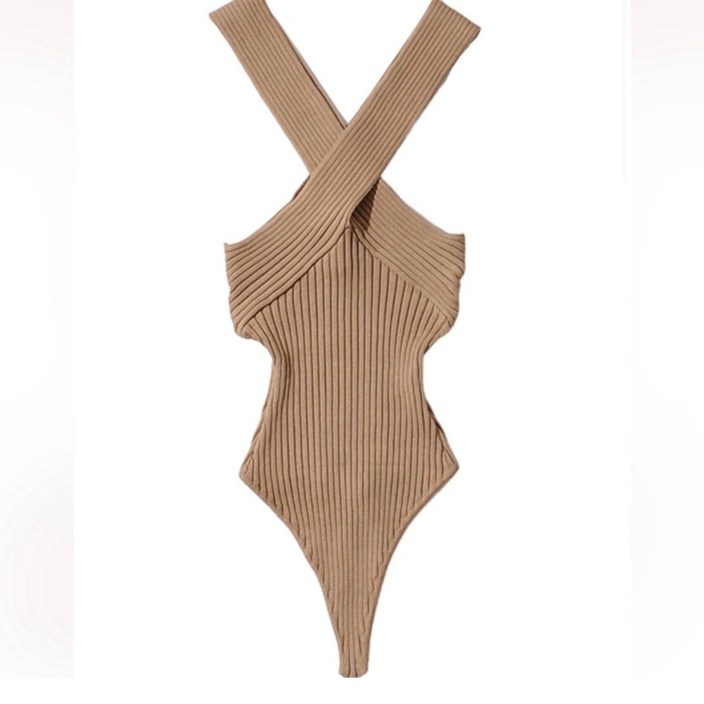 Cross neck ribbed body suit